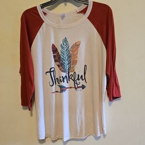 Thankful Feather Graphic Baseball Tee - Red and Cream